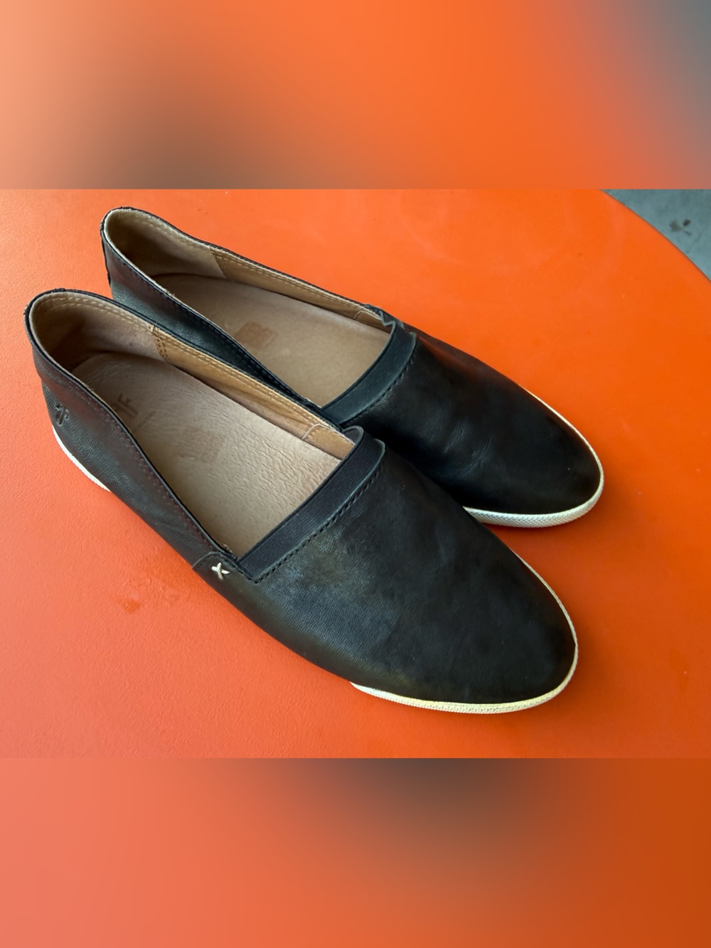Frye Black Leather Slip-On Flats with White Trim - Picture 4 of 11